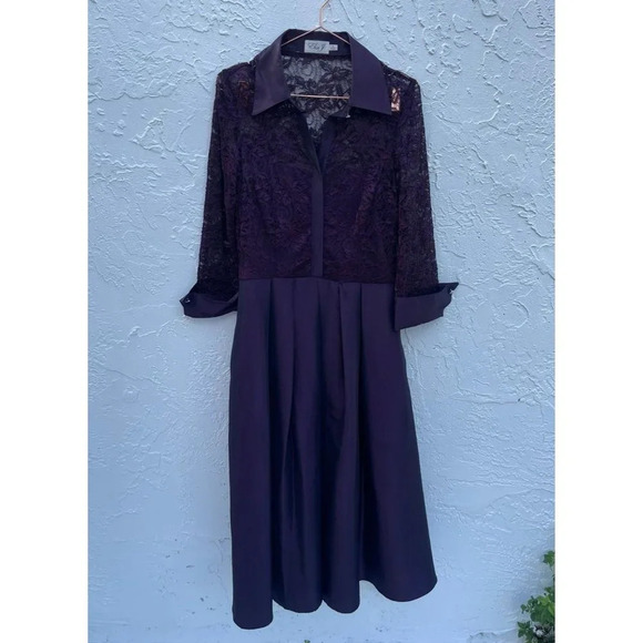 Eliza J Womens Long Sleeve Collared Button Down Pleated Dress Plum Purple Sz 10 - Picture 1 of 16